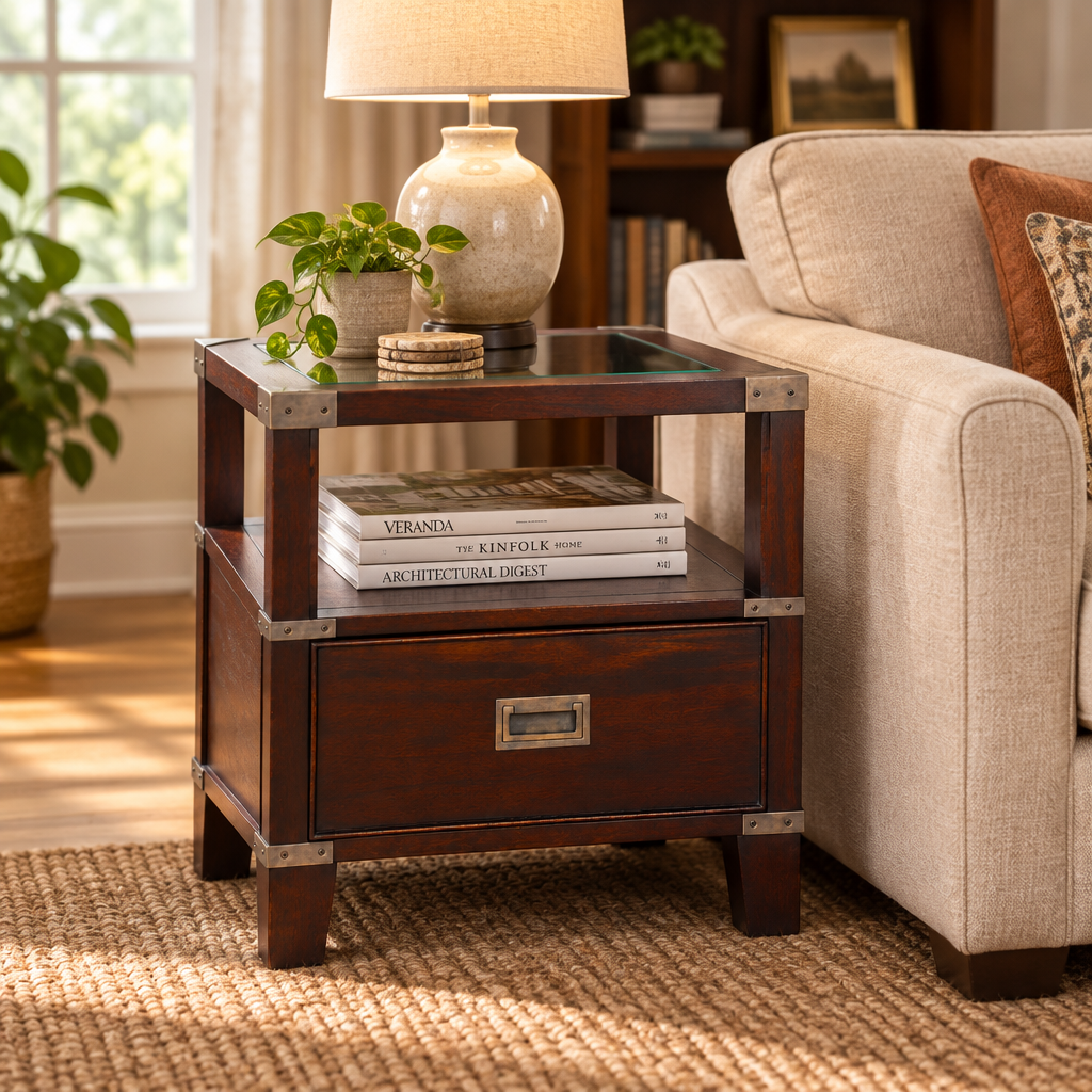 House & Haven Campaign style mahogany and glass Side/Lamp Table