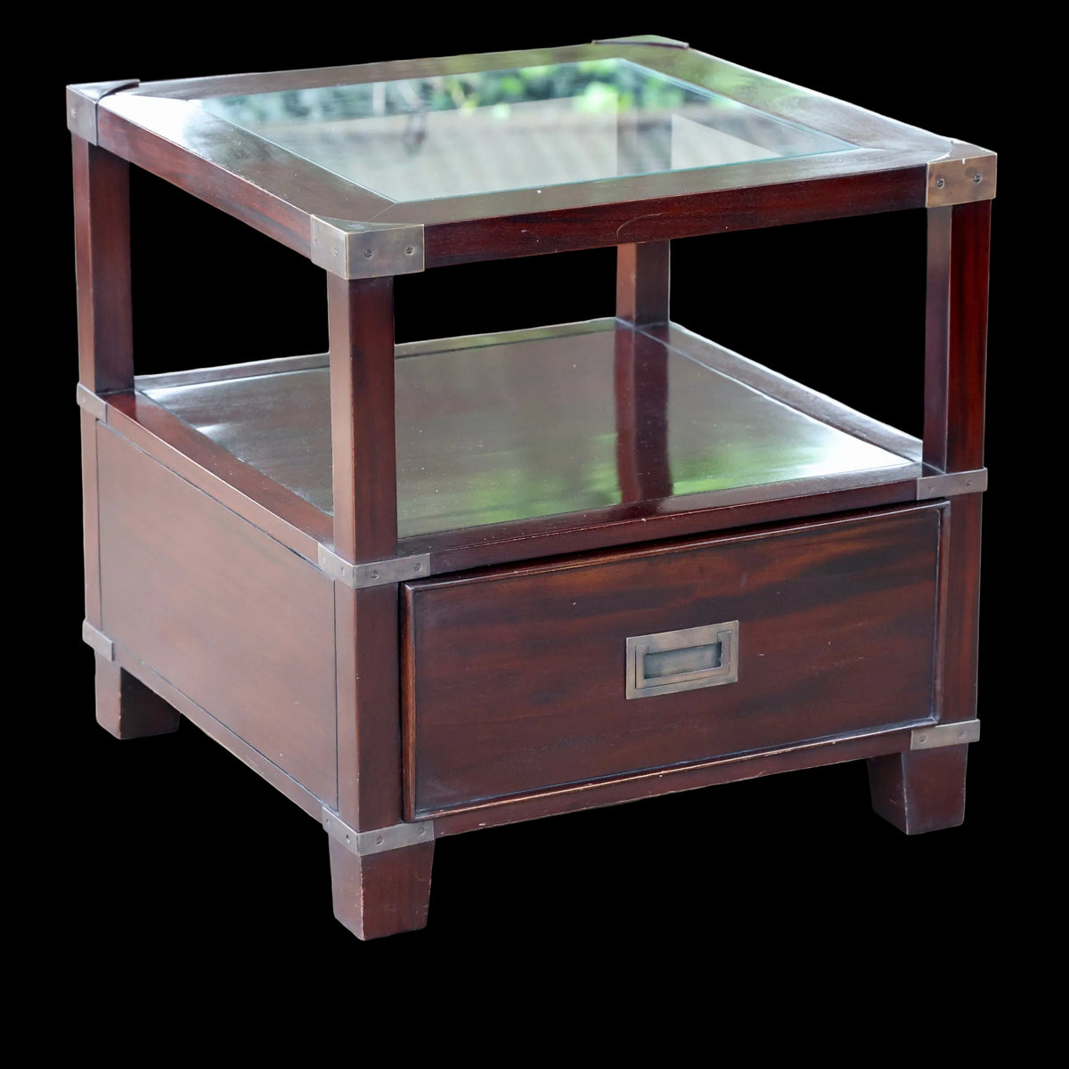 House & Haven Campaign style mahogany and glass Side/Lamp Table
