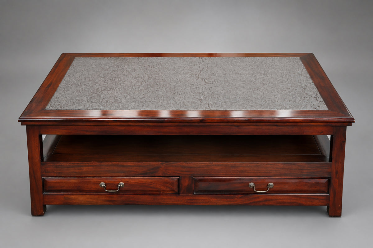 Stunning House & Haven mahogany Coffee/Centre Table with paisley pressed leather top