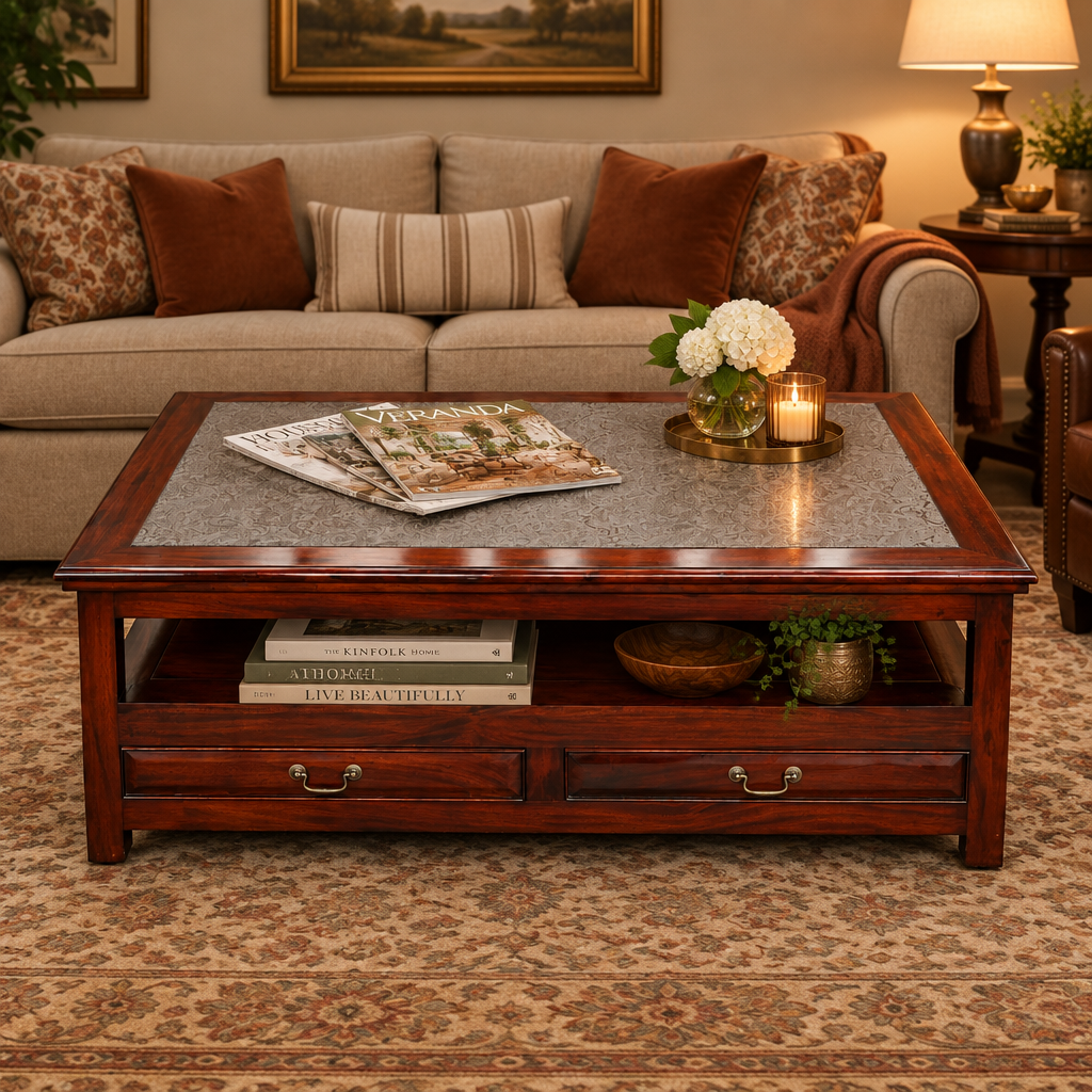 Stunning House & Haven mahogany Coffee/Centre Table with paisley pressed leather top