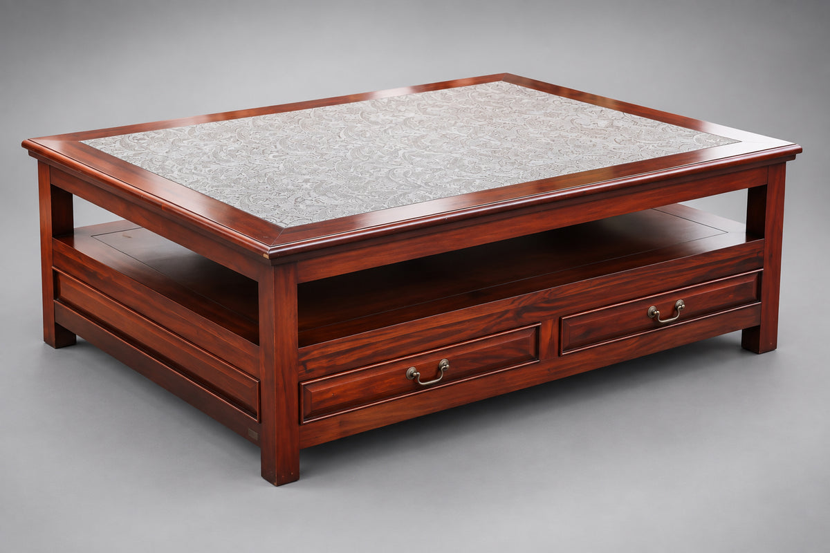 Stunning House & Haven mahogany Coffee/Centre Table with paisley pressed leather top