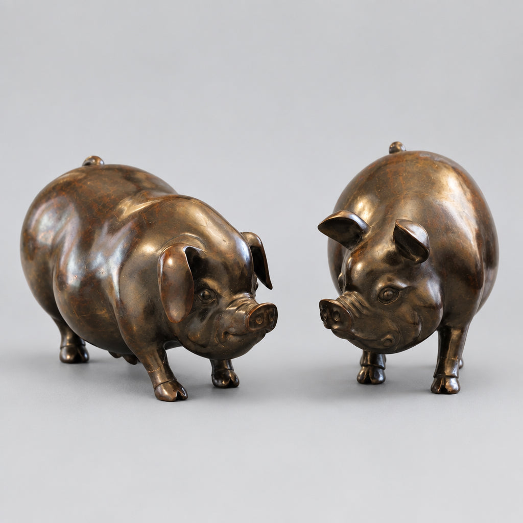 Beautiful pair of Japanese Shōwa period hand-carved hardwood 'Shogi' Boars, mid to late 20th century