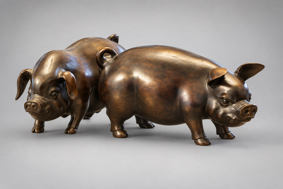 Beautiful pair of Japanese Shōwa period hand-carved hardwood 'Shogi' Boars, mid to late 20th century