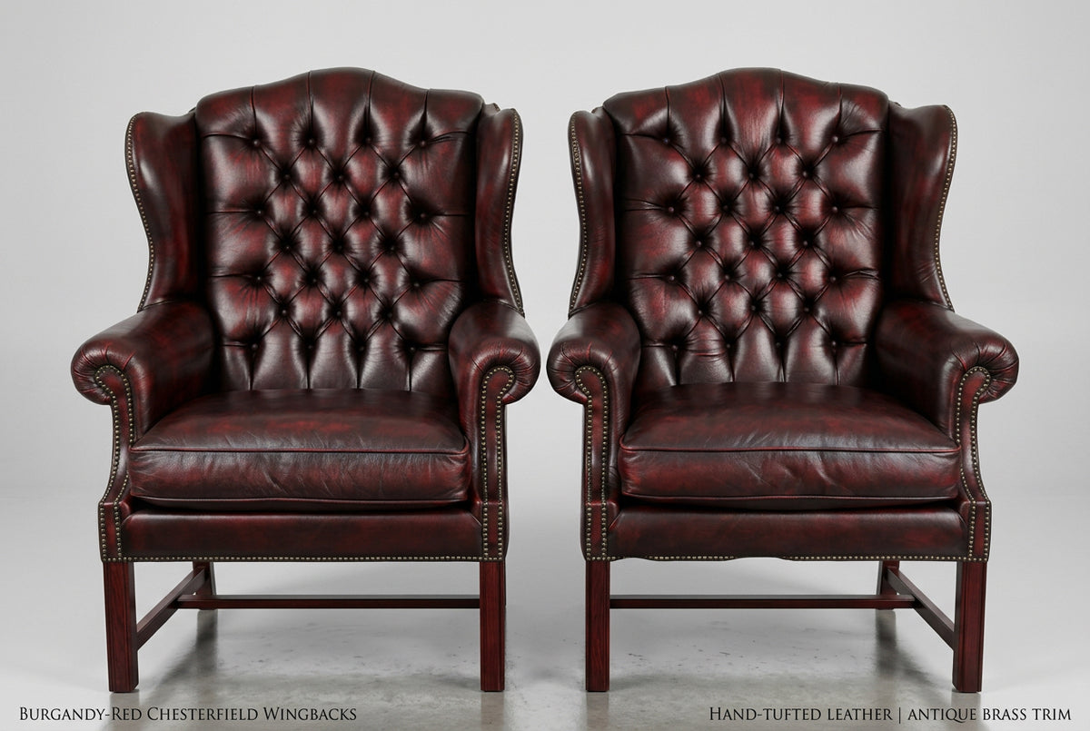Stunning pair of Griffiths & Griffiths Victorian style ox blood leather Chesterfield Wingback Armchairs - SOLD
