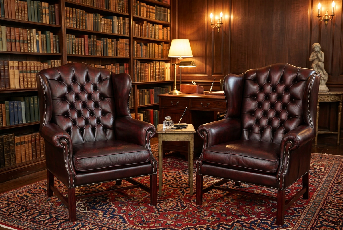 Stunning pair of Griffiths & Griffiths Victorian style ox blood leather Chesterfield Wingback Armchairs - SOLD
