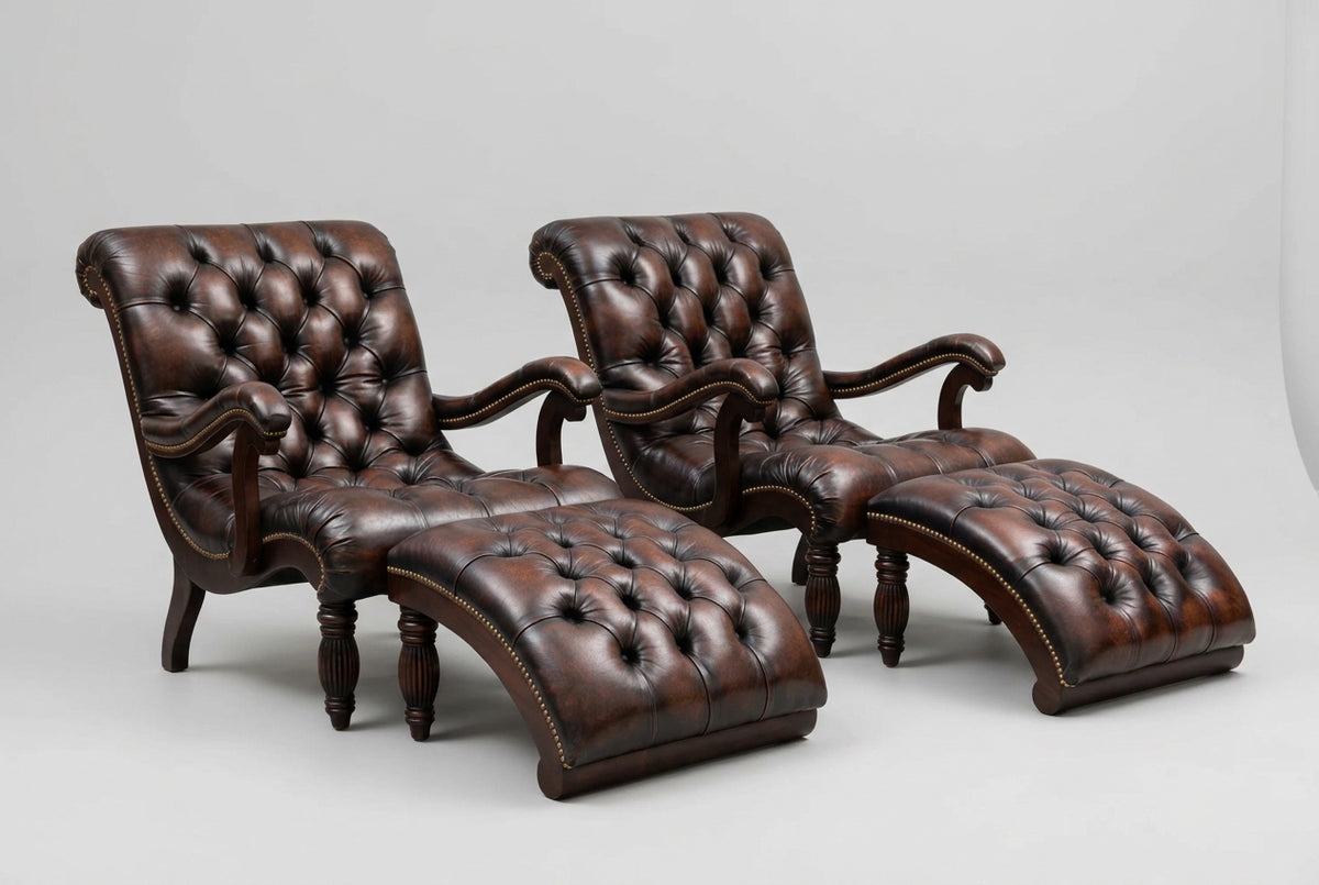 Stunning pair of Griffiths & Griffiths Victorian style button-upholstered Armchairs with matching Ottomans - SOLD