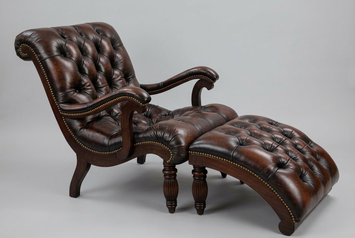 Stunning pair of Griffiths & Griffiths Victorian style button-upholstered Armchairs with matching Ottomans - SOLD