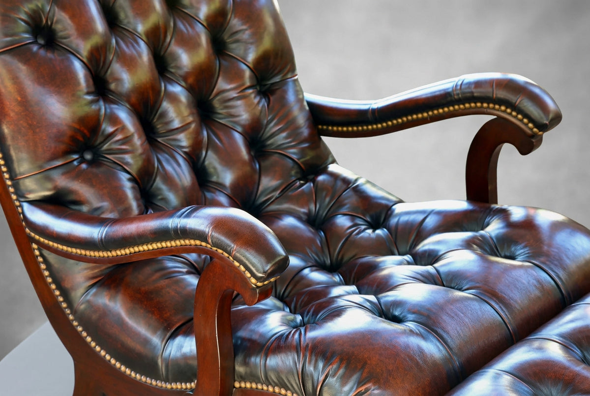 Stunning pair of Griffiths & Griffiths Victorian style button-upholstered Armchairs with matching Ottomans - SOLD