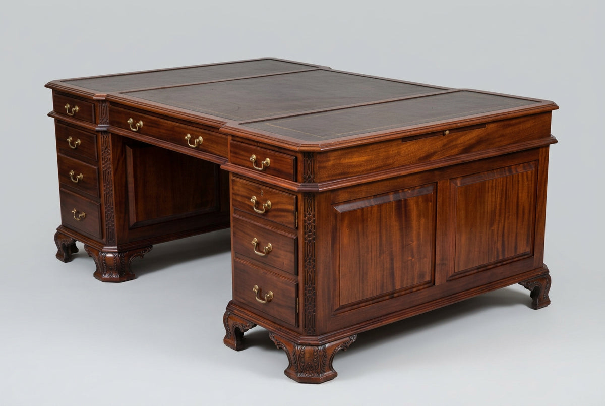 Quality Griffiths & Griffiths mahogany Partner's Desk, with tooled burgundy leather panels
