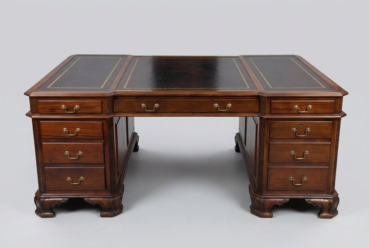 Quality Griffiths & Griffiths mahogany Partner's Desk, with tooled burgundy leather panels