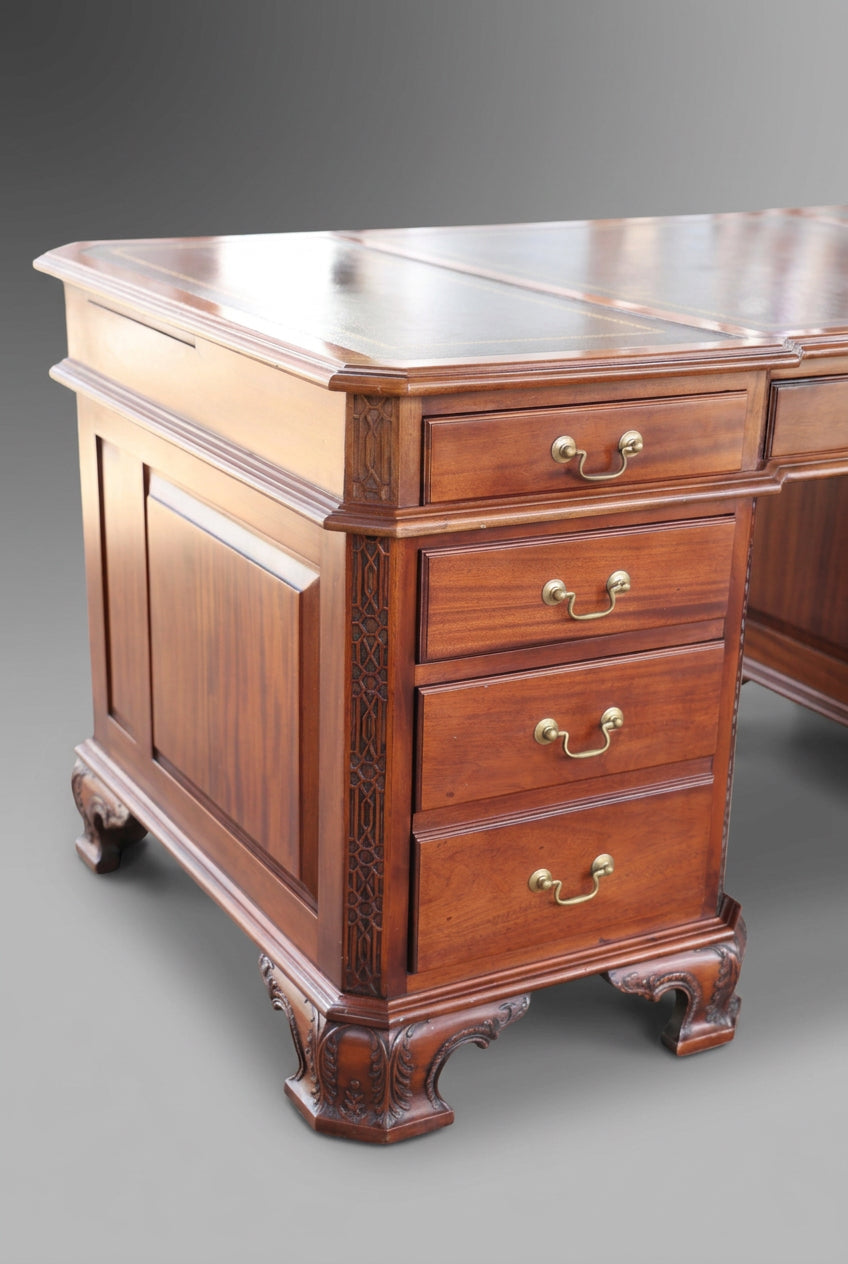 Quality Griffiths & Griffiths mahogany Partner's Desk, with tooled burgundy leather panels