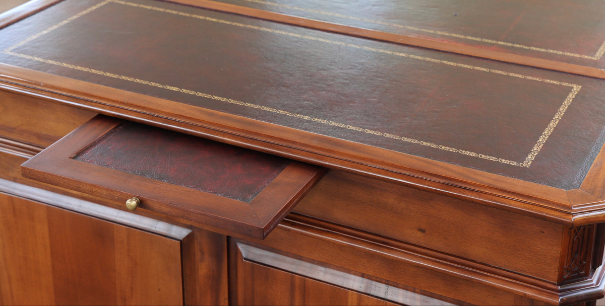 Quality Griffiths & Griffiths mahogany Partner's Desk, with tooled burgundy leather panels