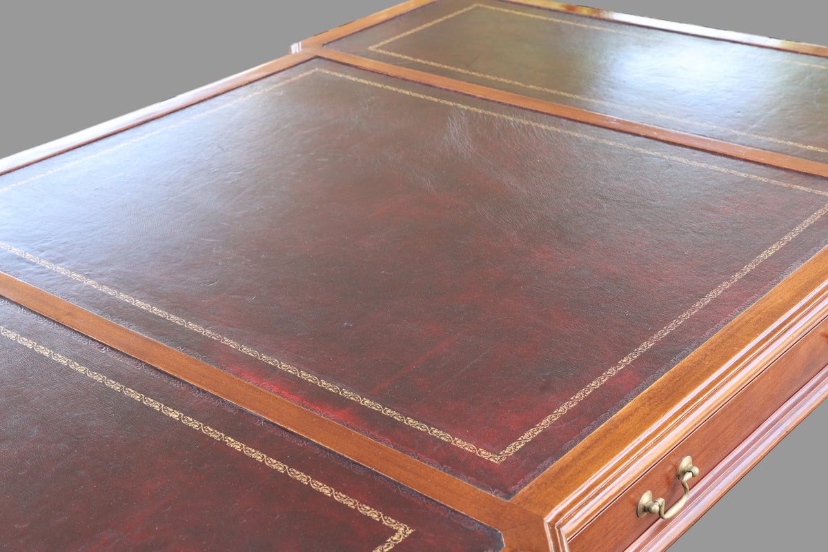 Quality Griffiths & Griffiths mahogany Partner's Desk, with tooled burgundy leather panels