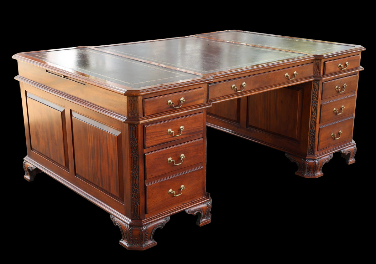 Quality Griffiths & Griffiths mahogany Partner's Desk, with tooled burgundy leather panels
