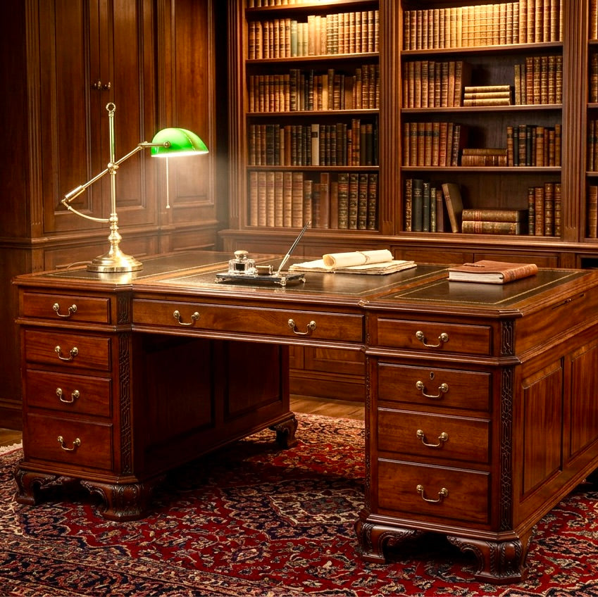Quality Griffiths & Griffiths mahogany Partner's Desk, with tooled burgundy leather panels