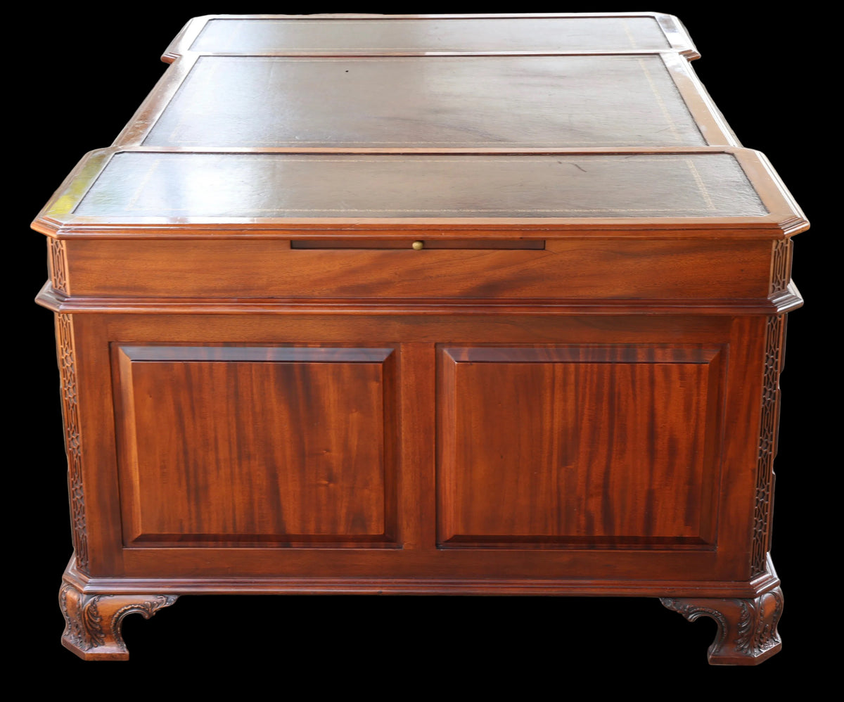Quality Griffiths & Griffiths mahogany Partner's Desk, with tooled burgundy leather panels