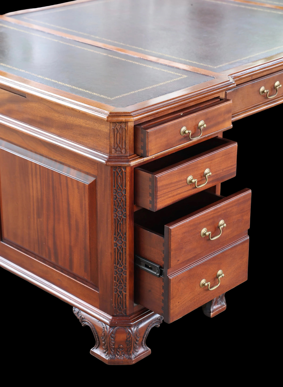 Quality Griffiths & Griffiths mahogany Partner's Desk, with tooled burgundy leather panels