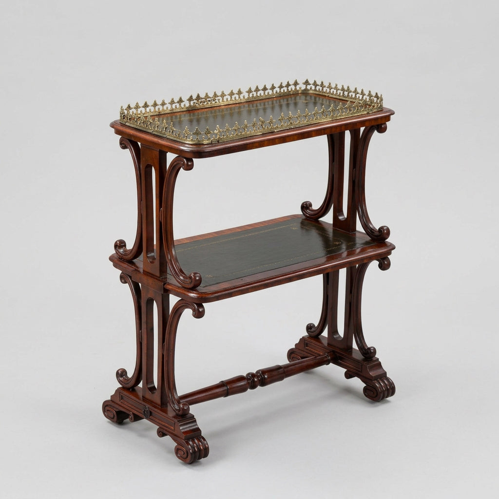 Victorian mahogany Etagere, with tooled leather tiers