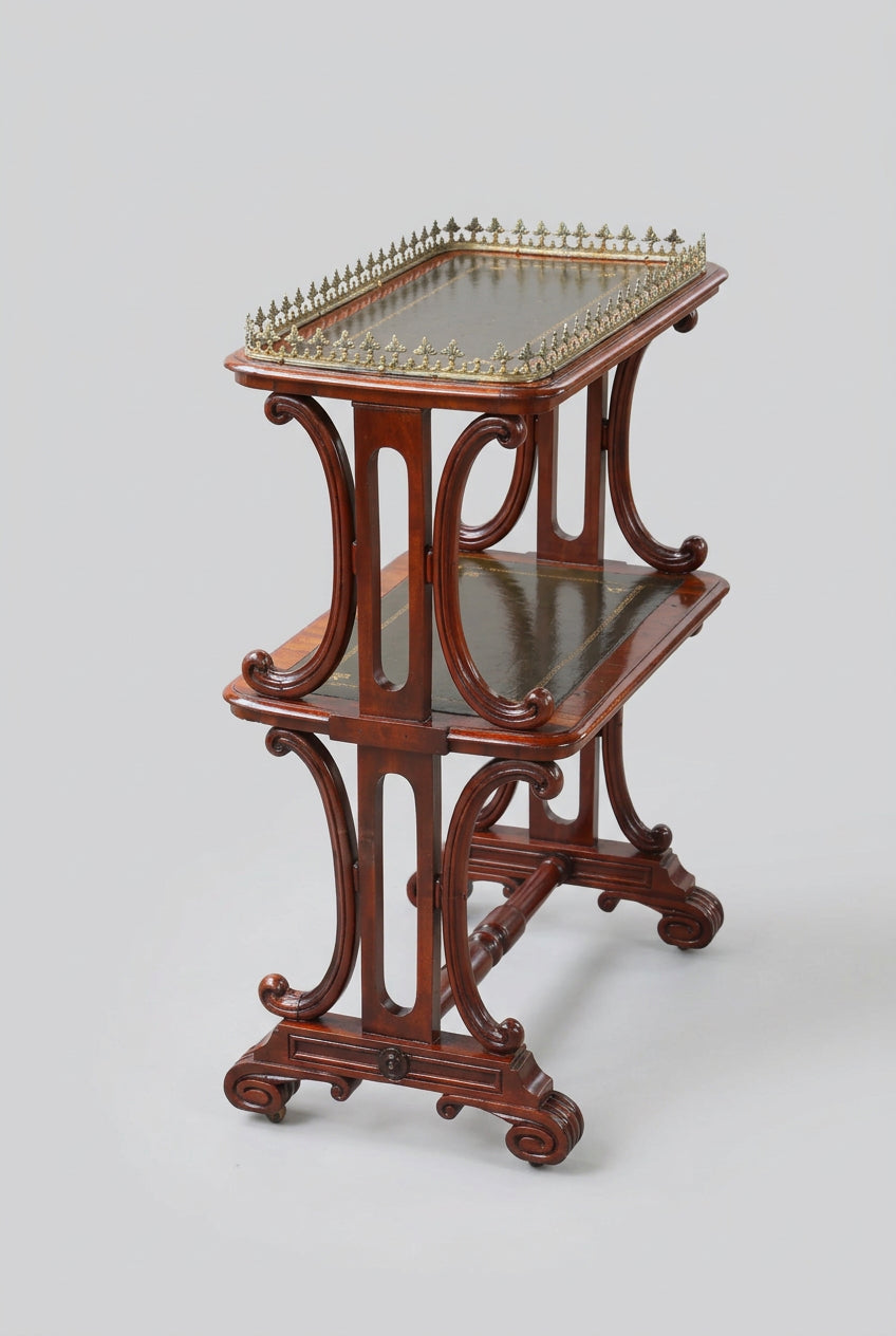 Victorian mahogany Etagere, with tooled leather tiers