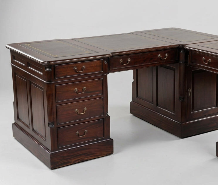 William IV style Mahogany L-Shaped Pedestal Partners Desk with tooled leather top, removable side portion
