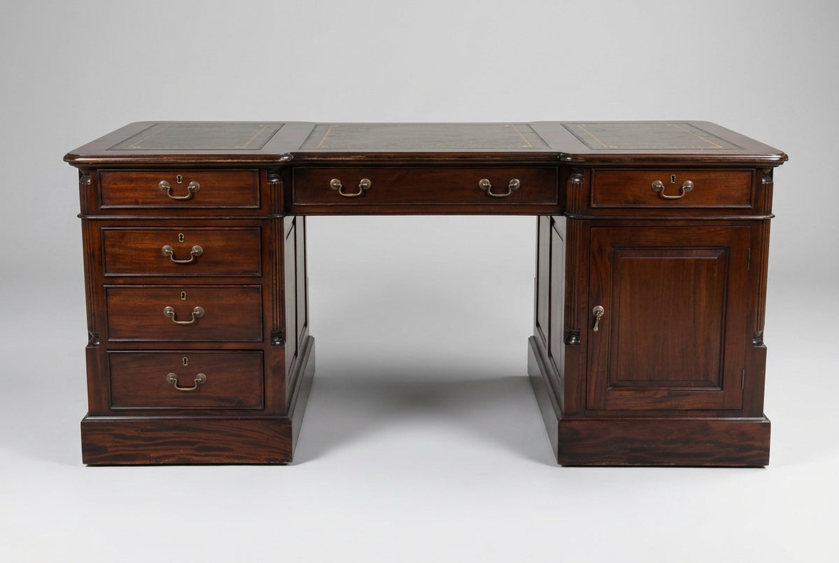 William IV style Mahogany L-Shaped Pedestal Partners Desk with tooled leather top, removable side portion