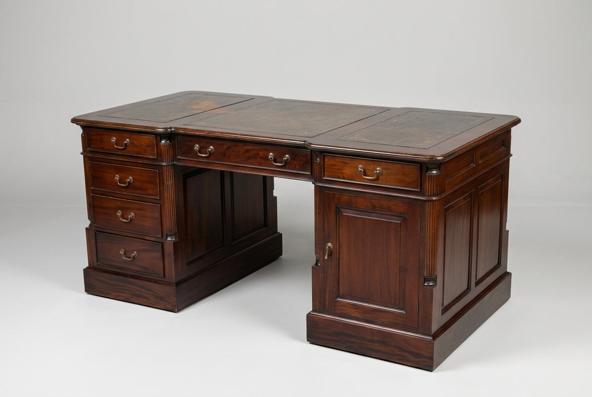 William IV style Mahogany L-Shaped Pedestal Partners Desk with tooled leather top, removable side portion