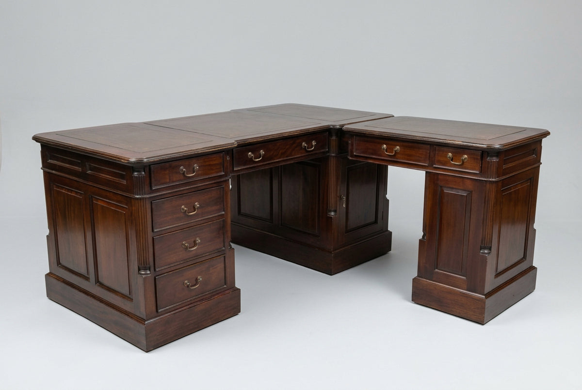 William IV style Mahogany L-Shaped Pedestal Partners Desk with tooled leather top, removable side portion