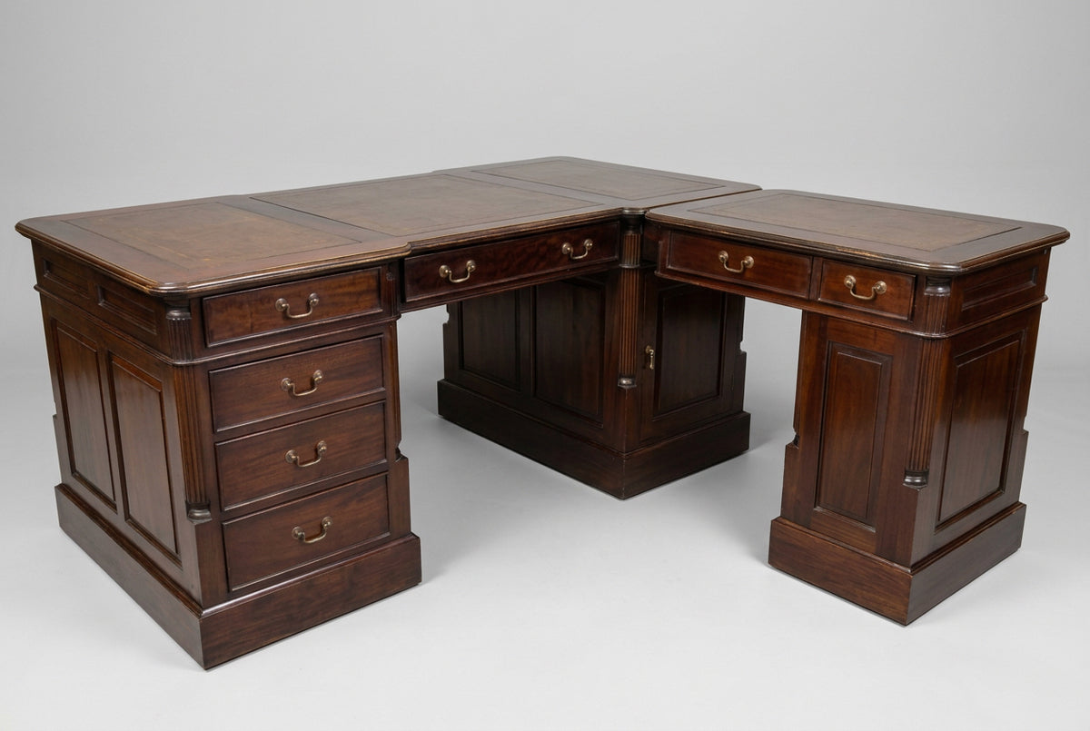 William IV style Mahogany L-Shaped Pedestal Partners Desk with tooled leather top, removable side portion