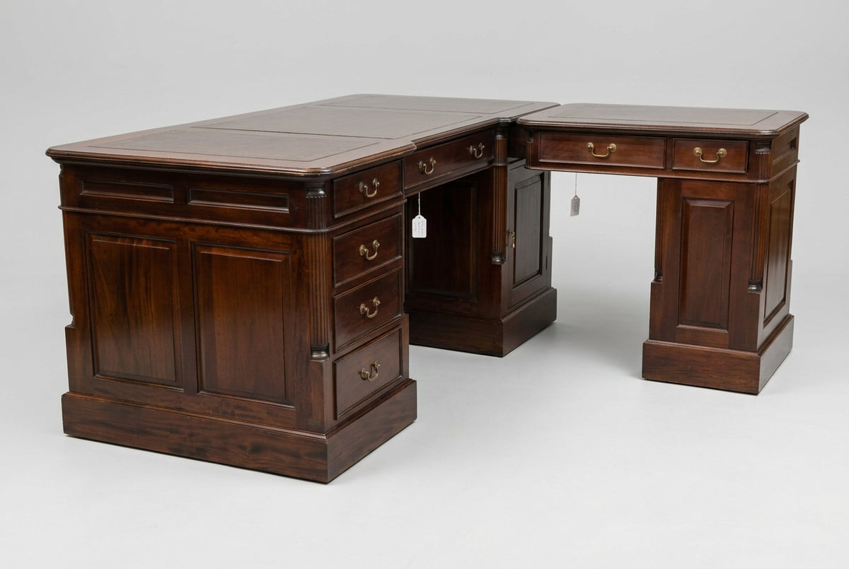 William IV style Mahogany L-Shaped Pedestal Partners Desk with tooled leather top, removable side portion
