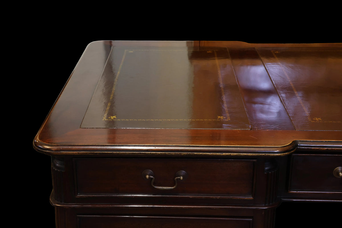 William IV style Mahogany L-Shaped Pedestal Partners Desk with tooled leather top, removable side portion