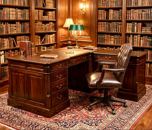 William IV style Mahogany L-Shaped Pedestal Partners Desk with tooled leather top, removable side portion