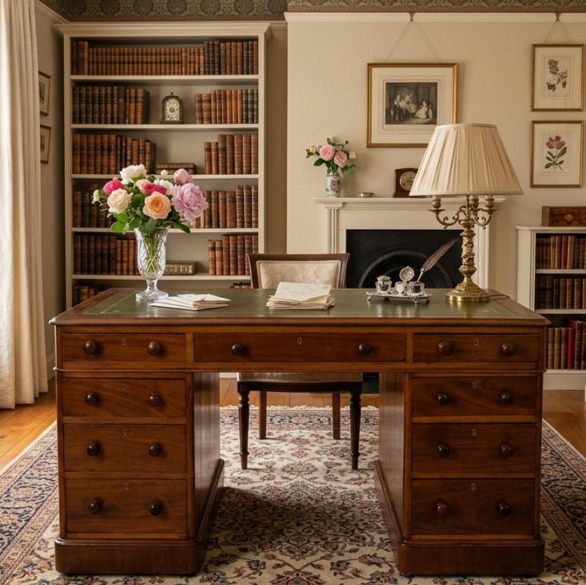 Victorian mahogany tooled leather topped Pedestal Desk