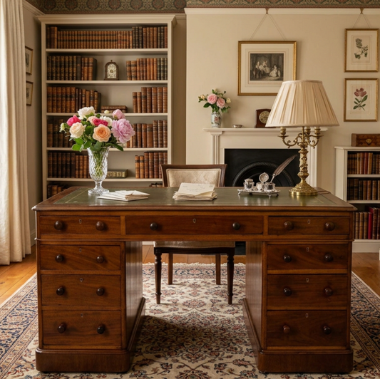 Victorian mahogany tooled leather topped Pedestal Desk