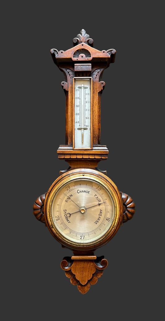 Victorian carved walnut Banjo shaped Barometer