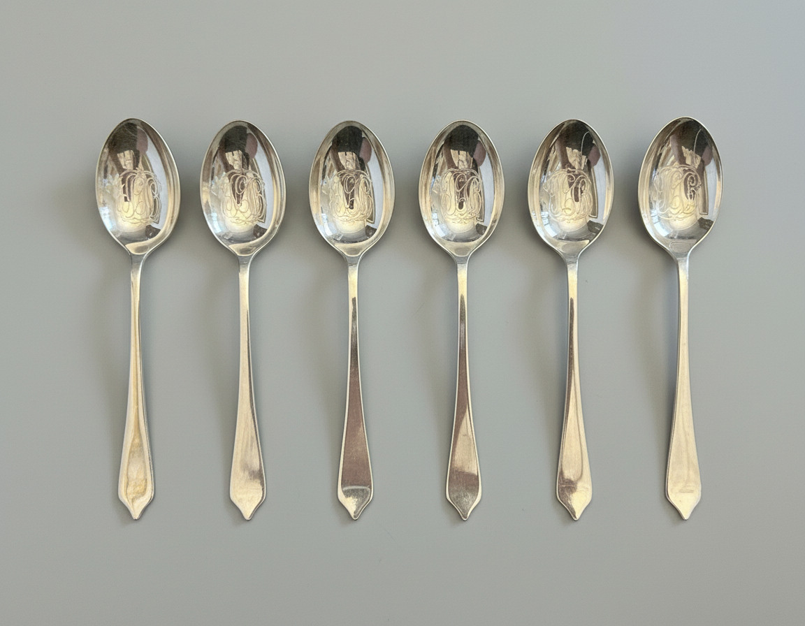 Set of six English Silver Teaspoons in a case with silver hallmarks information.