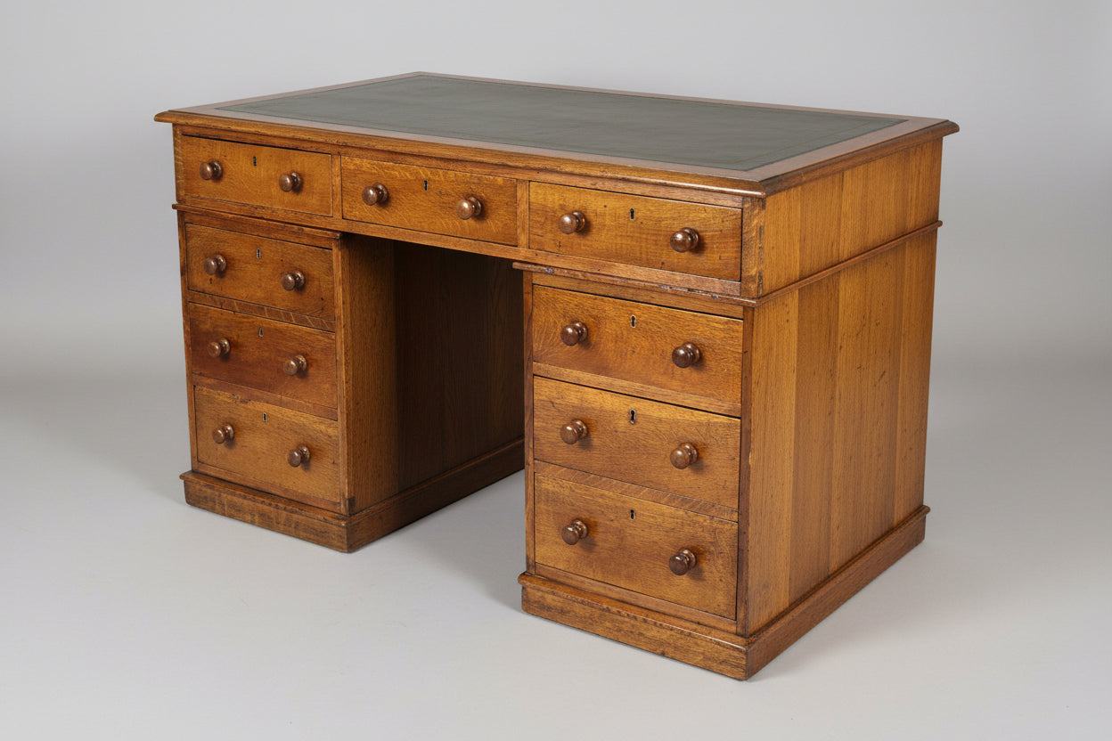 Victorian oak Pedestal Desk, with tooled leather top.