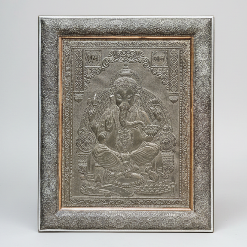 Vintage Embossed Brass Wall Hanging of Lord Ganesha