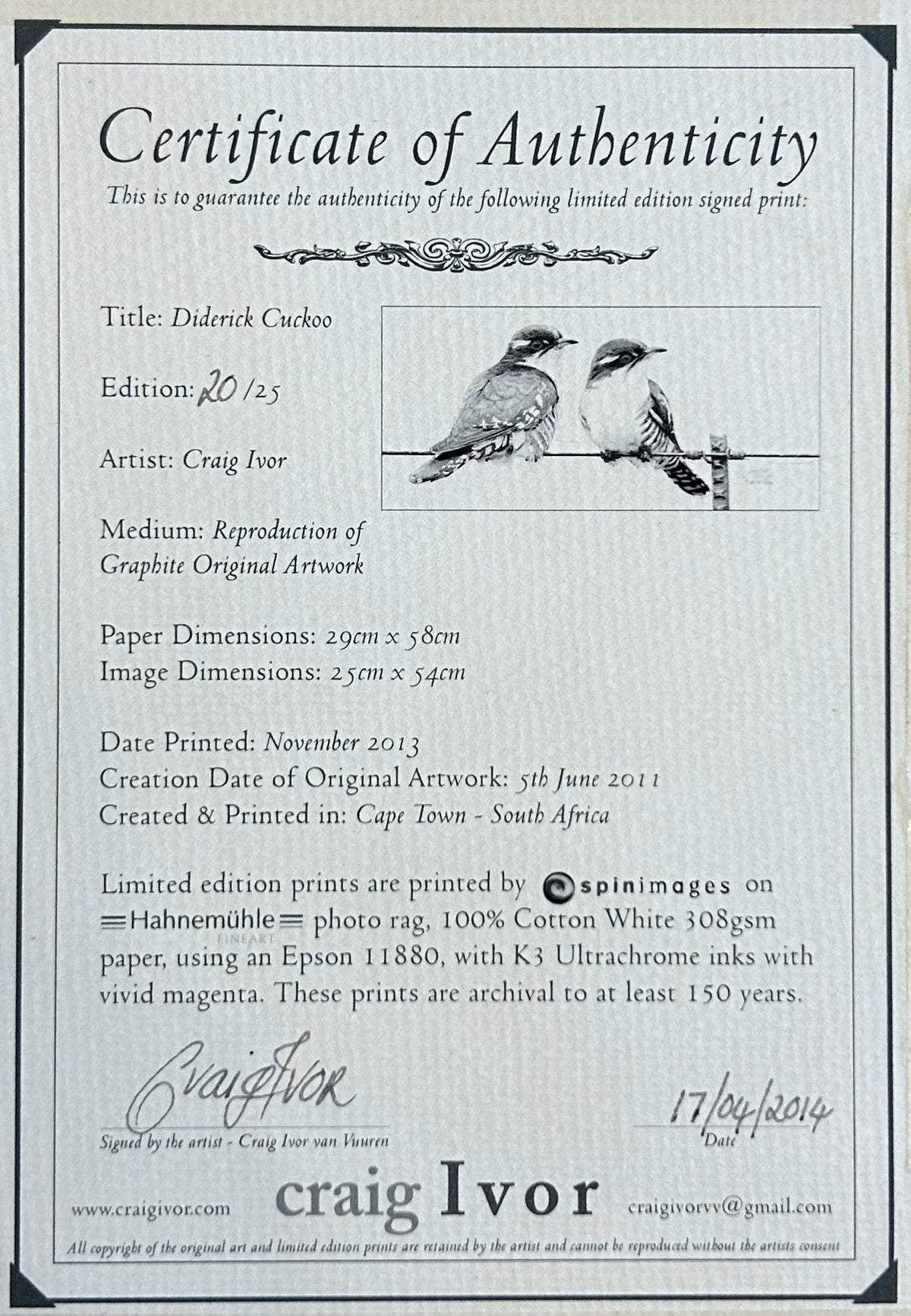 Craig IVOR (1977) limited edition 20/25 print of "Diederik Cuckoo".