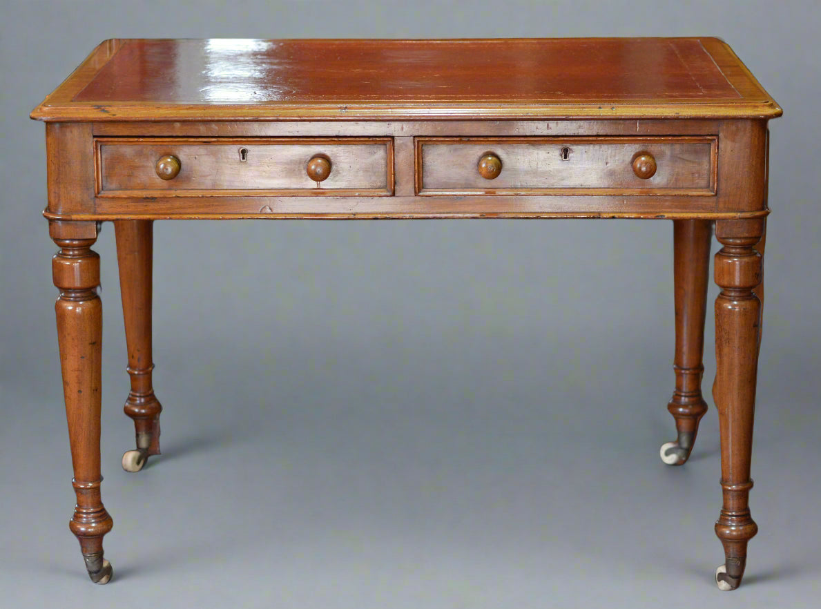 Wooden desk with two drawers on a wooden floor